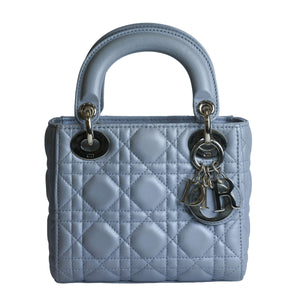 Preowned CHRISTIAN DIOR Mini Lady Dior Bag Opaline Gray Pearlescent Cannage Lambskin | Luxe Again Maison