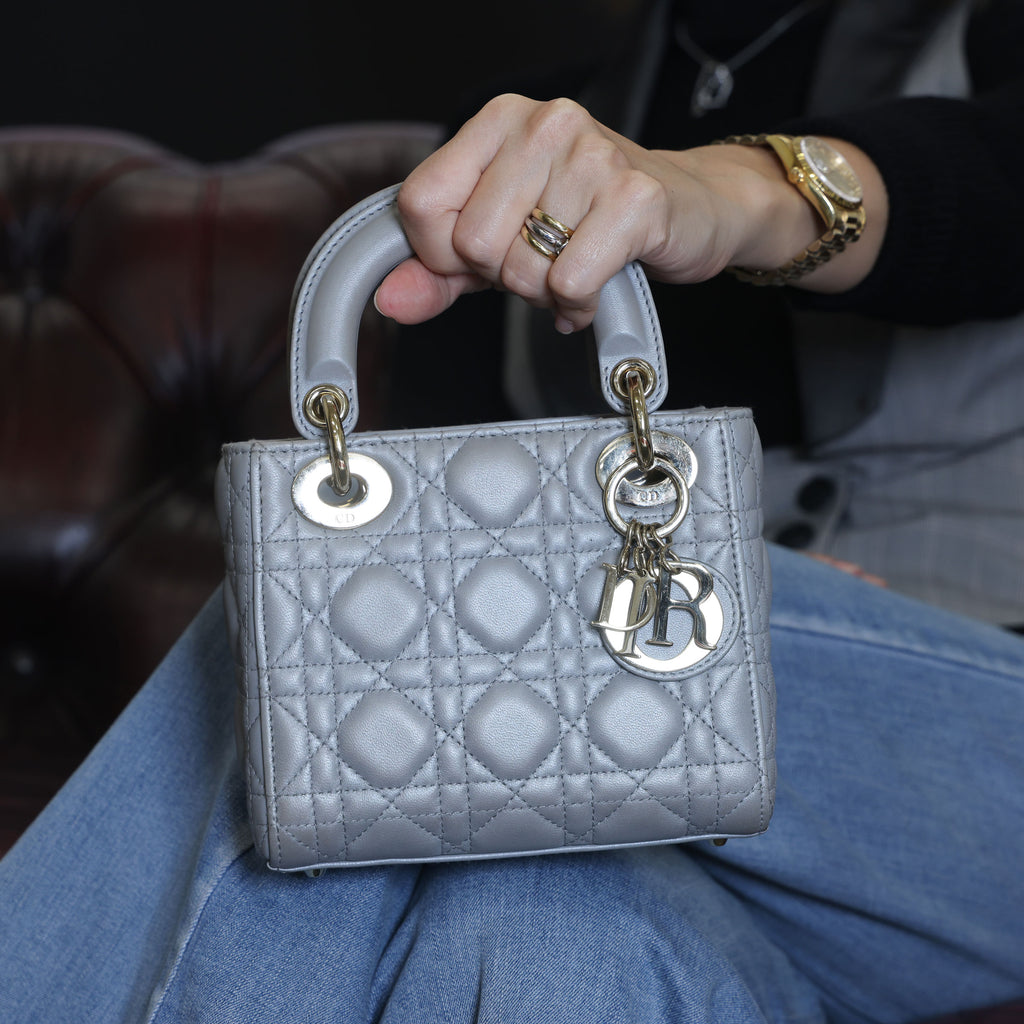 Preowned CHRISTIAN DIOR Mini Lady Dior Bag Opaline Gray Pearlescent Cannage Lambskin | Luxe Again Maison