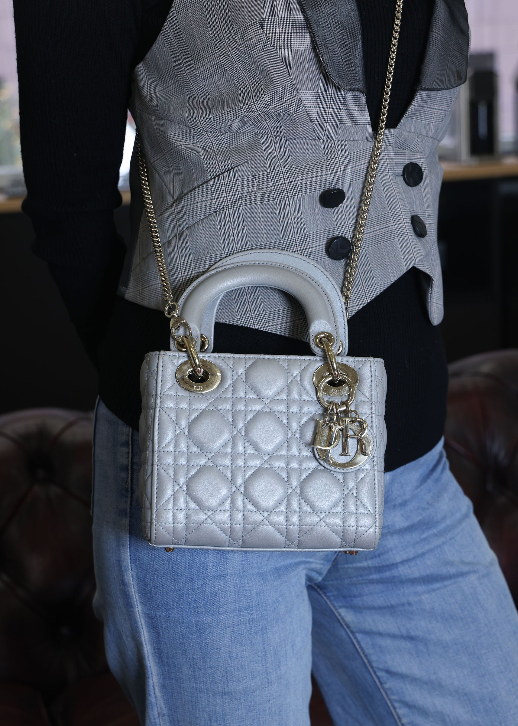 Preowned CHRISTIAN DIOR Mini Lady Dior Bag Opaline Gray Pearlescent Cannage Lambskin | Luxe Again Maison