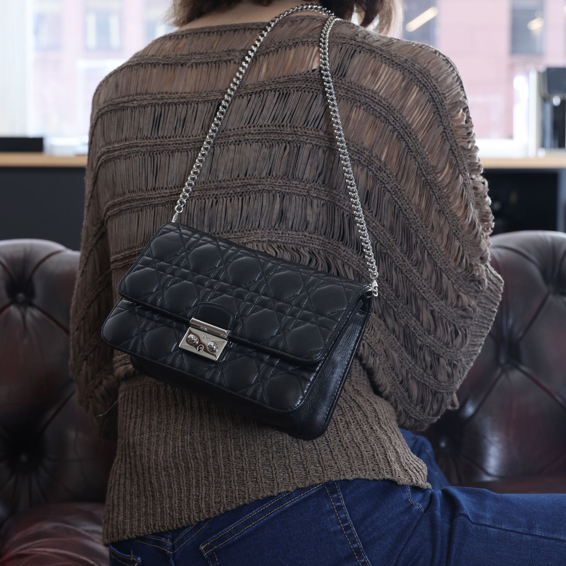 Preowned Christian Dior Miss Dior Cannage Leather Chain Shoulder Bag Black | Luxe Again Maison