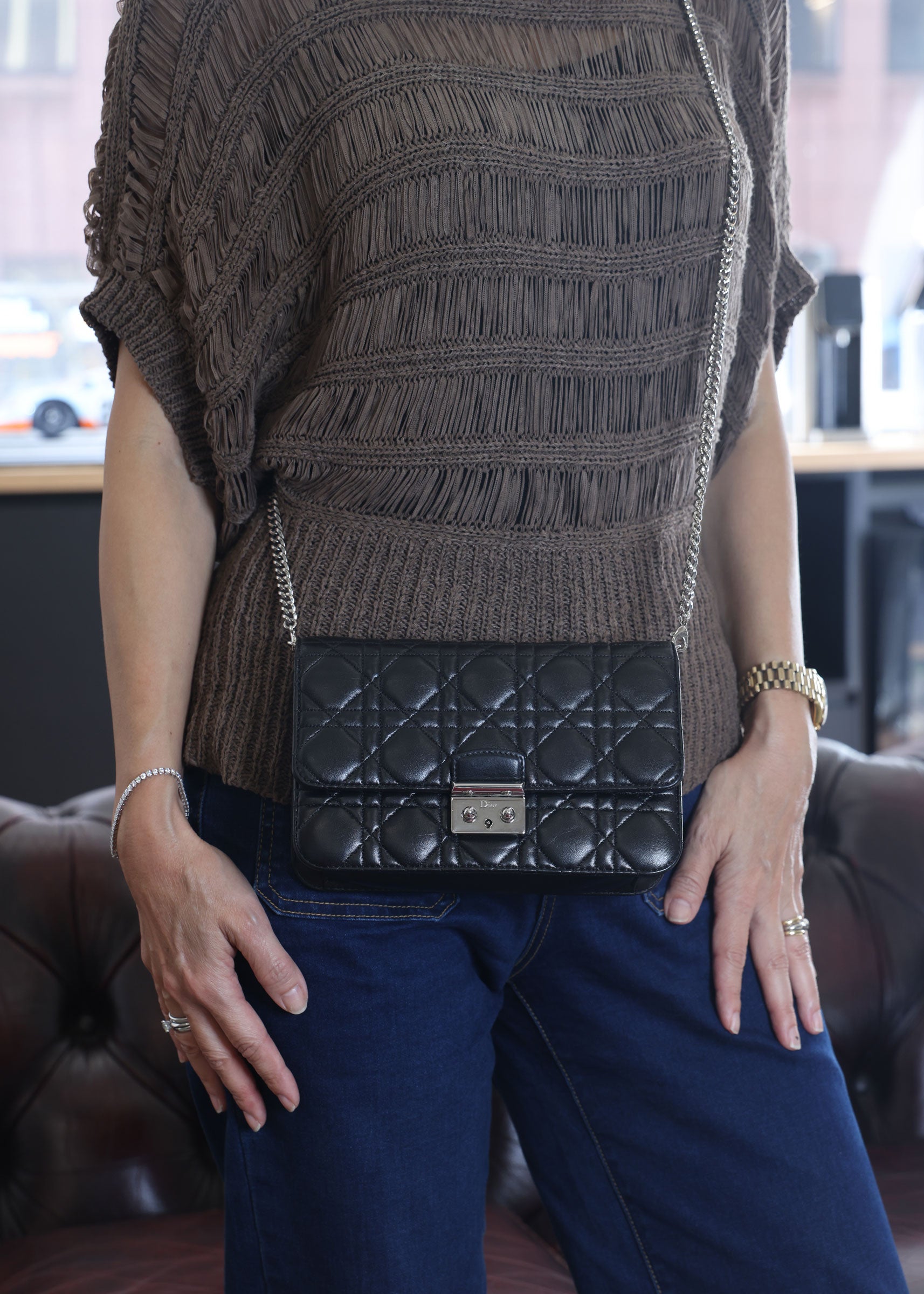 Preowned Christian Dior Miss Dior Cannage Leather Chain Shoulder Bag Black | Luxe Again Maison