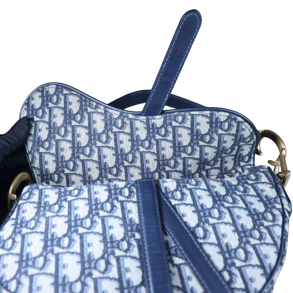 Preowned CHRISTIAN DIOR Oblique Saddle Bag Medium Canvas x Leather Blue | Luxe Again Maison