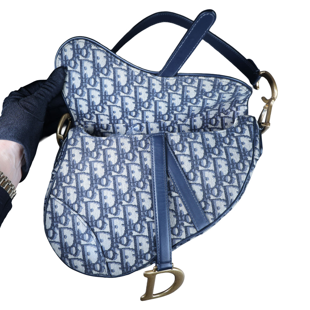 Preowned CHRISTIAN DIOR Oblique Saddle Bag Medium Canvas x Leather Blue | Luxe Again Maison