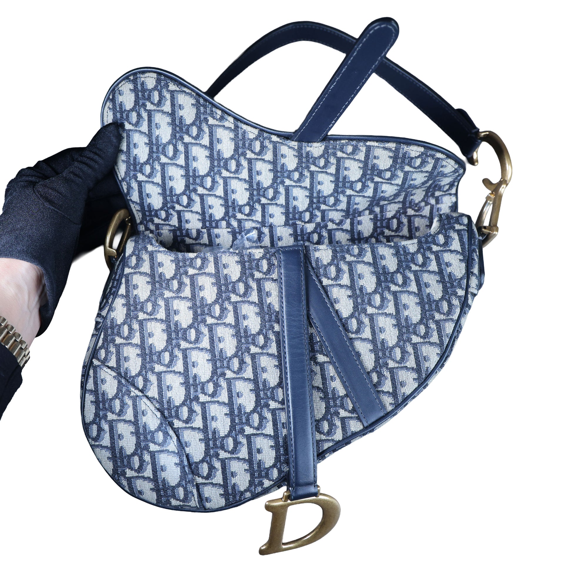 Preowned CHRISTIAN DIOR Oblique Saddle Bag Medium Canvas x Leather Blue | Luxe Again Maison