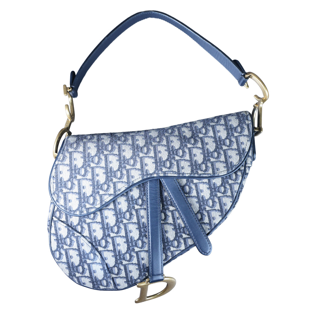 Preowned CHRISTIAN DIOR Oblique Saddle Bag Medium Canvas x Leather Blue | Luxe Again Maison