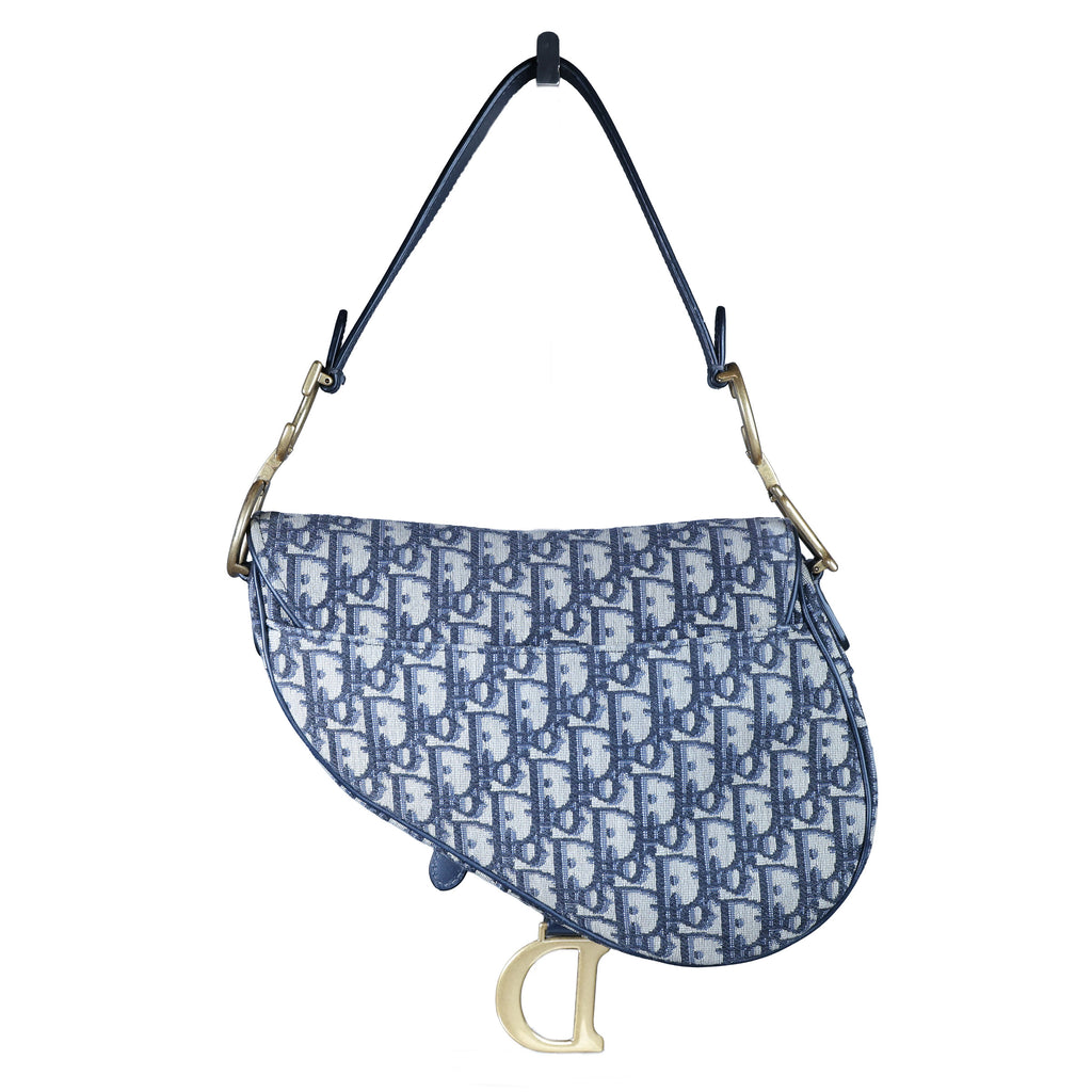 Preowned CHRISTIAN DIOR Oblique Saddle Bag Medium Canvas x Leather Blue | Luxe Again Maison