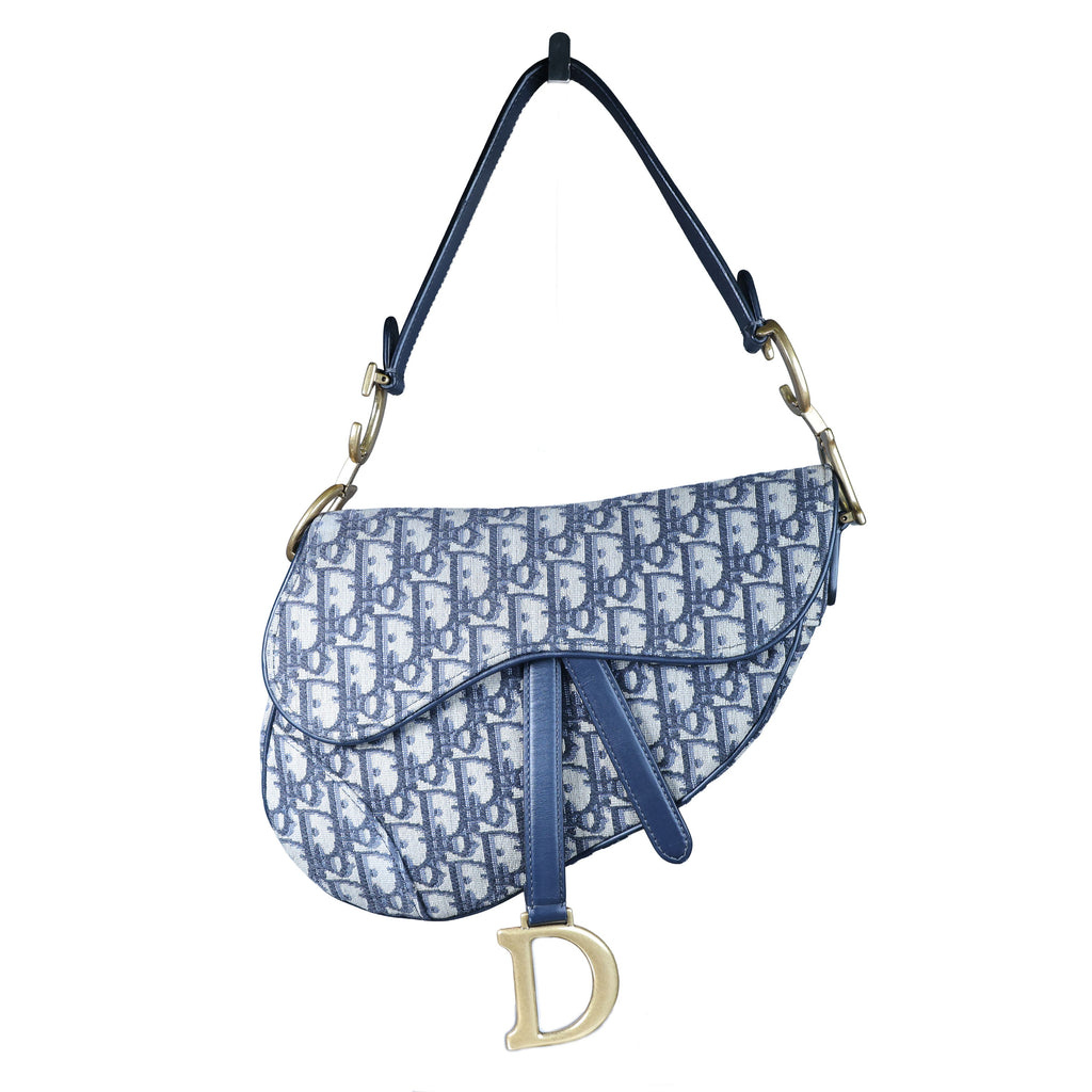 Preowned CHRISTIAN DIOR Oblique Saddle Bag Medium Canvas x Leather Blue | Luxe Again Maison