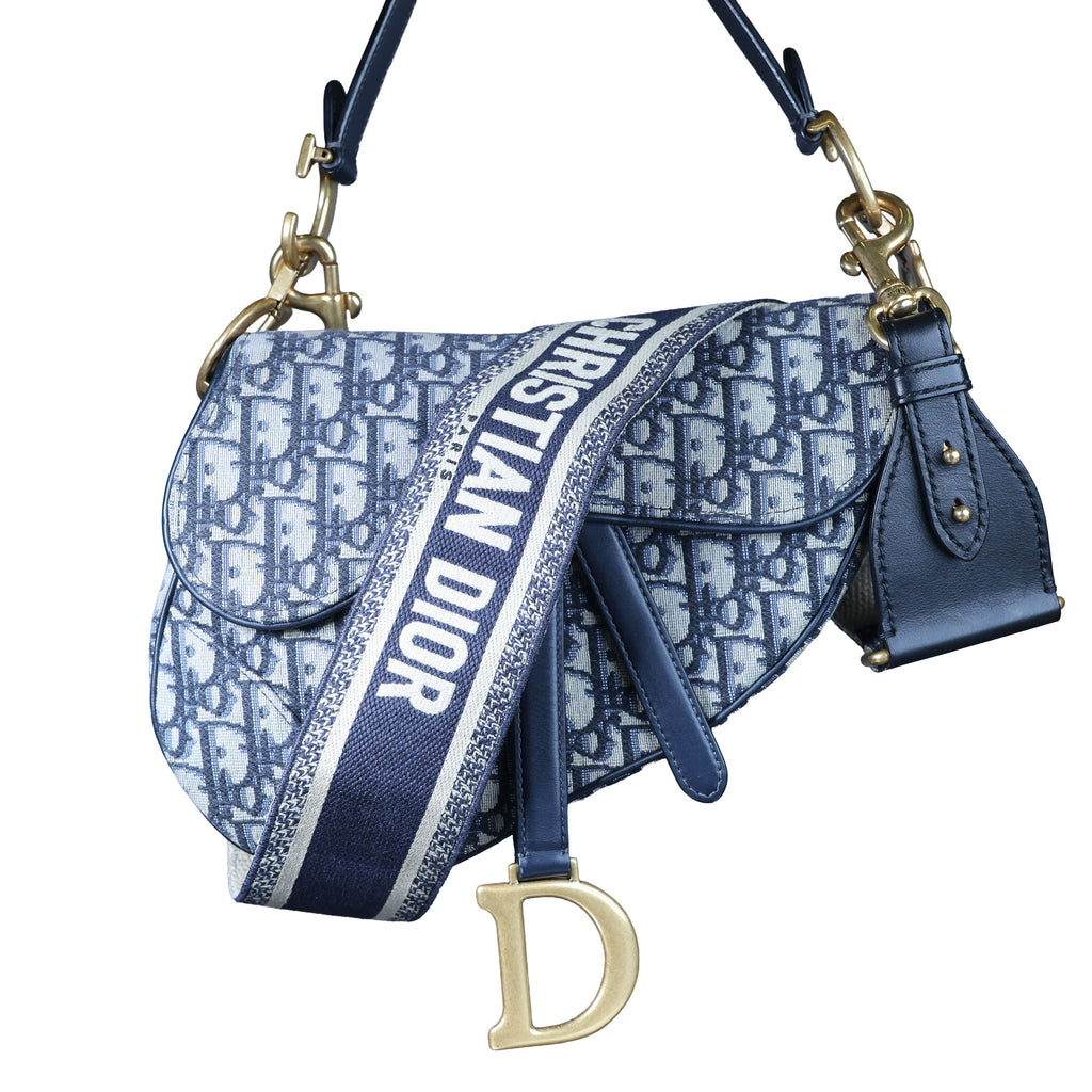 Preowned CHRISTIAN DIOR Oblique Saddle Bag Medium Canvas x Leather Blue | Luxe Again Maison