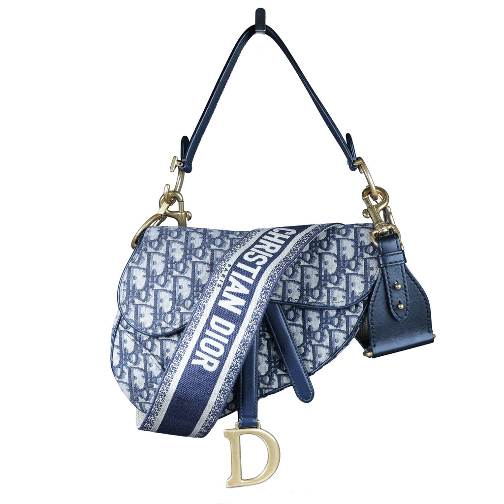 Preowned CHRISTIAN DIOR Oblique Saddle Bag Medium Canvas x Leather Blue | Luxe Again Maison