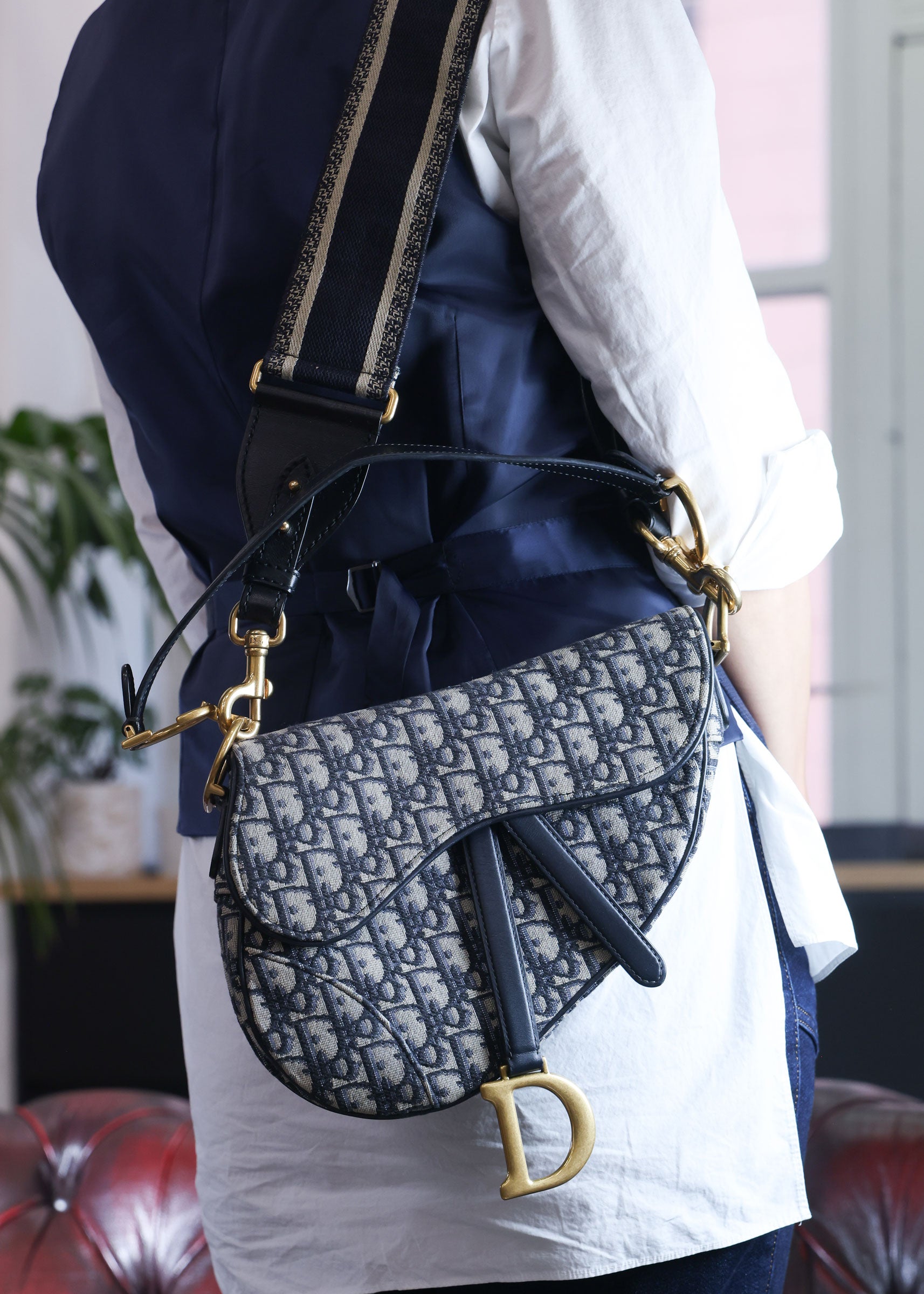 Preowned CHRISTIAN DIOR Oblique Saddle Bag Medium Canvas x Leather Blue | Luxe Again Maison