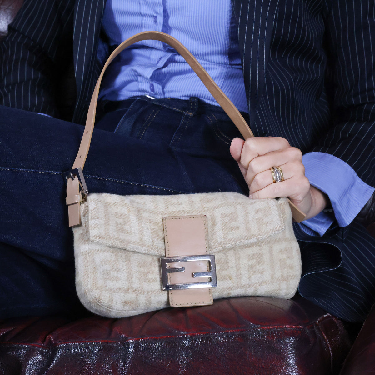 Preowned FENDI Baguette Zucca Wool x Leather Beige Bag | Luxe Again Maison