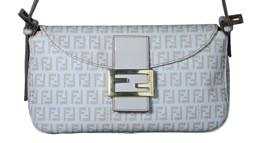 Preowned FENDI Mamma Baguette Zucchino Canvas x Leather Beige Bag 8BRXX3 | Luxe Again Maison