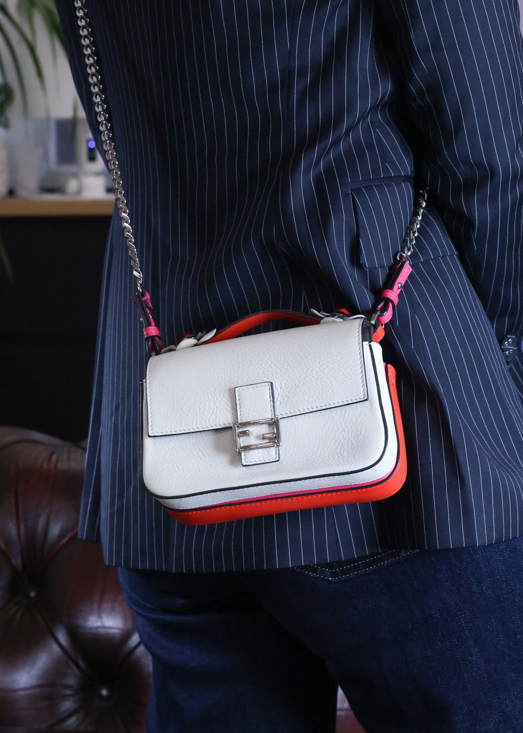 Preowned FENDI Micro Double Baguette Leather Pink x White Bag | Luxe Again Maison