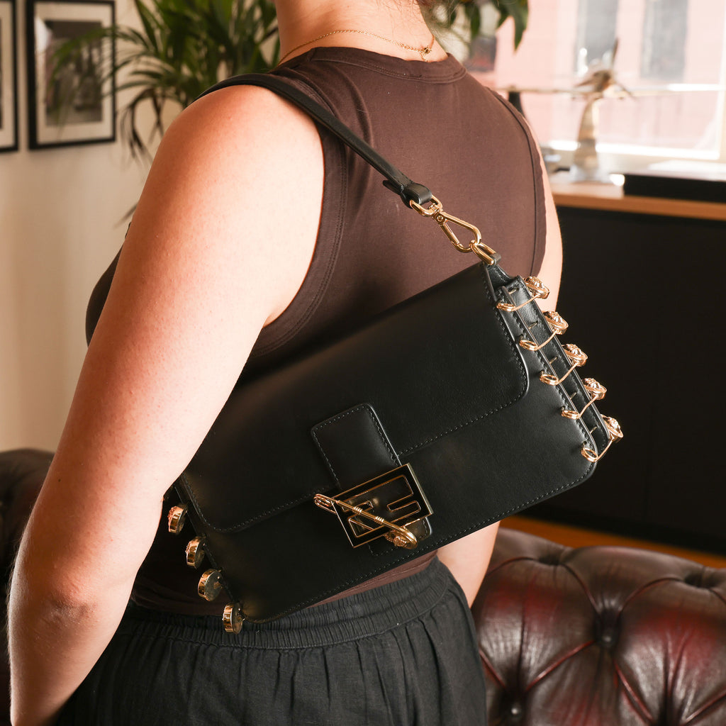 Preowned FENDI X VERSACE Fendace 'Safety Pin' Baguette Leather Black | Luxe Again Maison