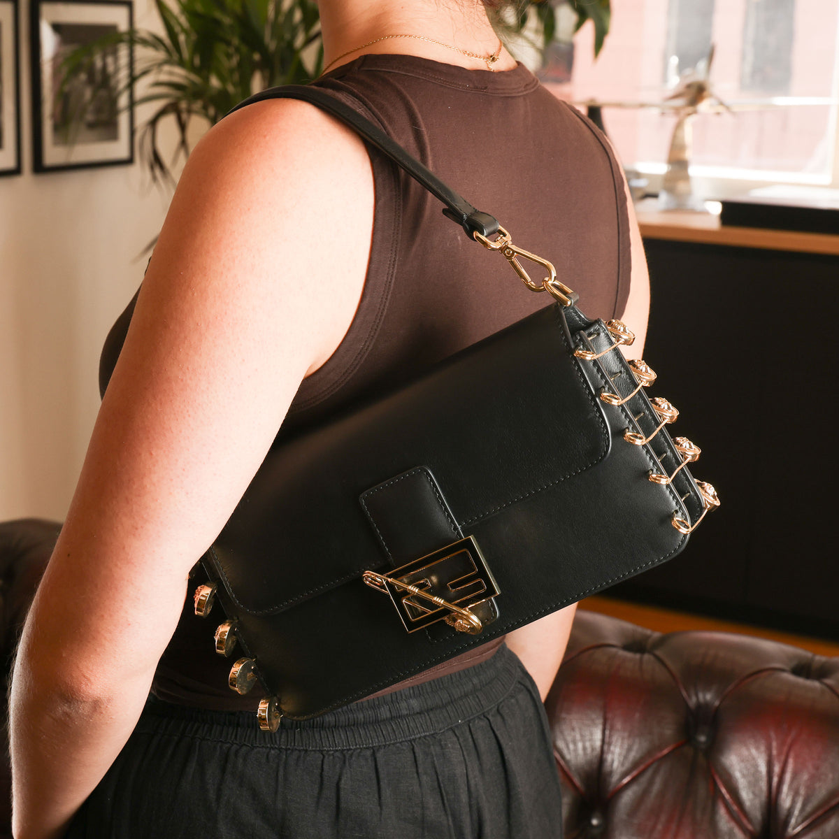 Preowned FENDI X VERSACE Fendace 'Safety Pin' Baguette Leather Black | Luxe Again Maison