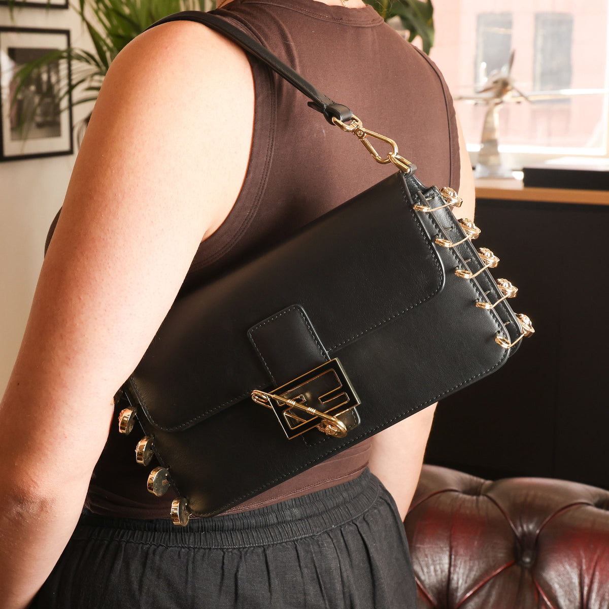 Preowned FENDI X VERSACE Fendace 'Safety Pin' Baguette Leather Black | Luxe Again Maison