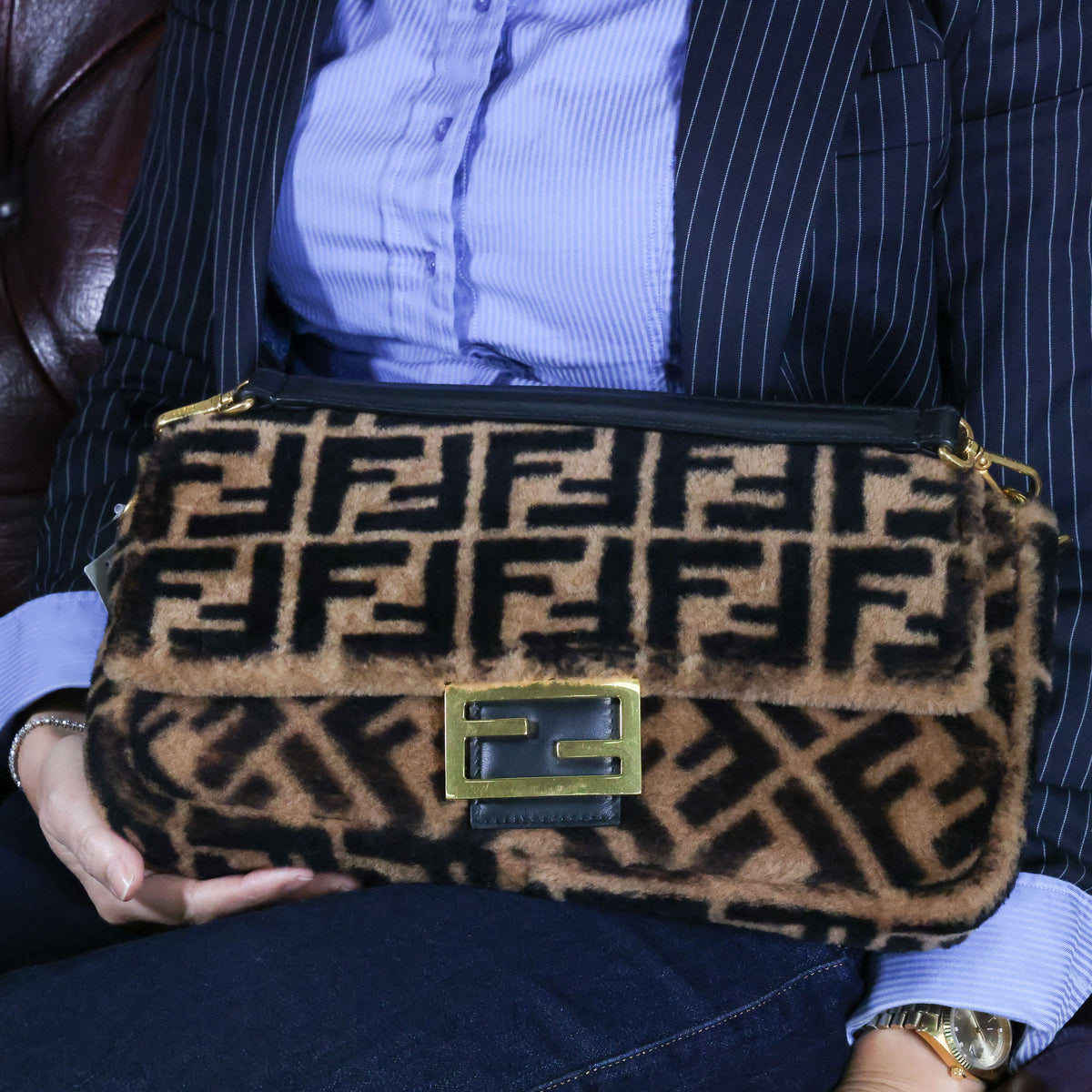 Preowned FENDI Zucca Baguette Faux Fur x Leather Brown Bag 8BXX71  | Luxe Again Maison