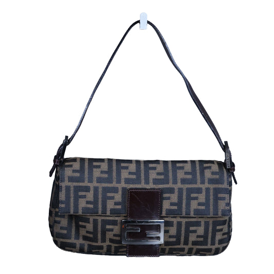 Preowned FENDI Zucca Baguette Canvas Leather Brown Bag SHW | Luxe Again Maison