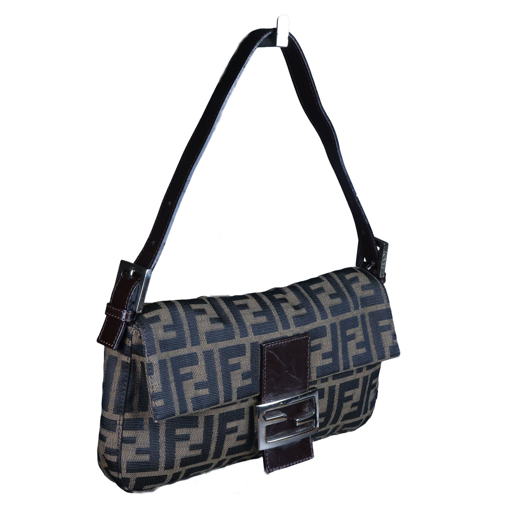 Preowned FENDI Zucca Baguette Canvas Leather Brown Bag SHW | Luxe Again Maison