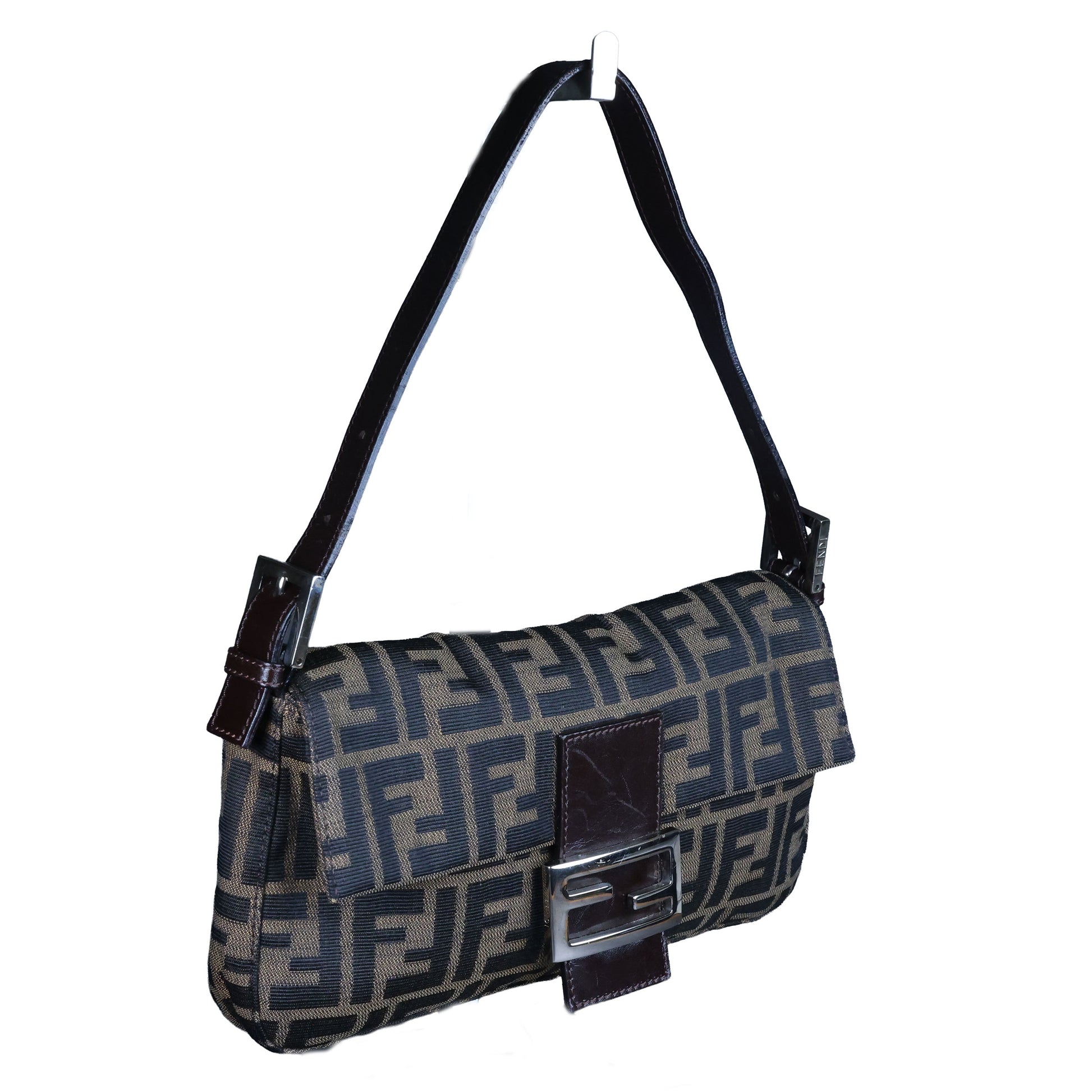 Preowned FENDI Zucca Baguette Canvas Leather Brown Bag SHW | Luxe Again Maison