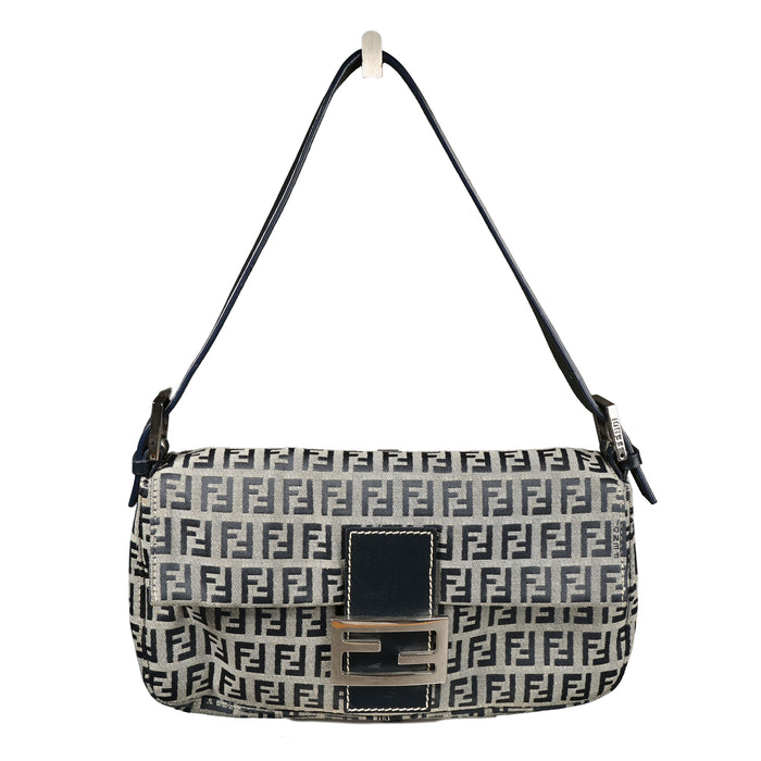 Preowned FENDI Zucchino Classic Baguette Canvas x Leather SHW Navy Blue Bag | Luxe Again Maison