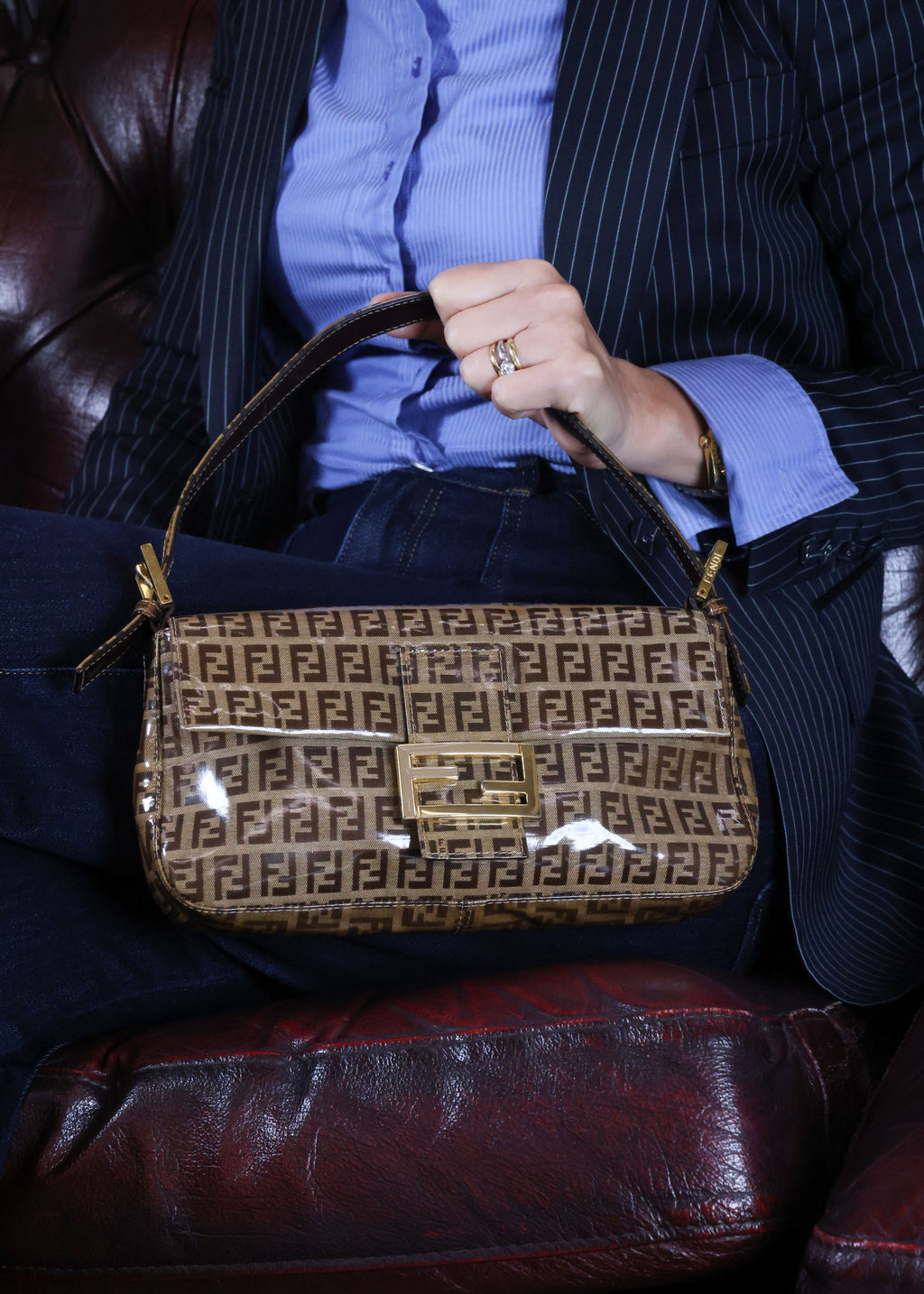 Preowned FENDI Classic Baguette Zucchino Coated Canvas x Leather Brown Bag  | Luxe Again Maison