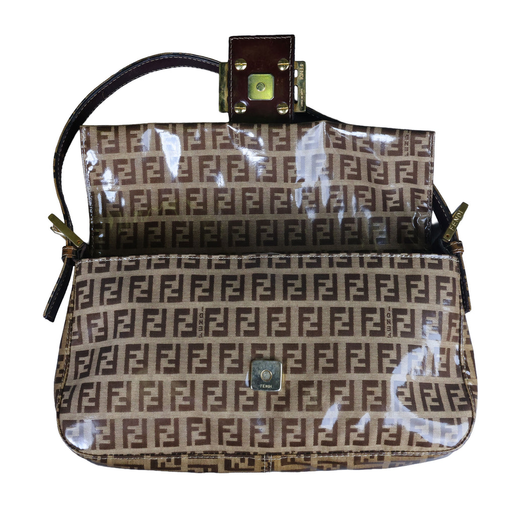 Preowned FENDI Classic Baguette Zucchino Coated Canvas x Leather Brown Bag  | Luxe Again Maison