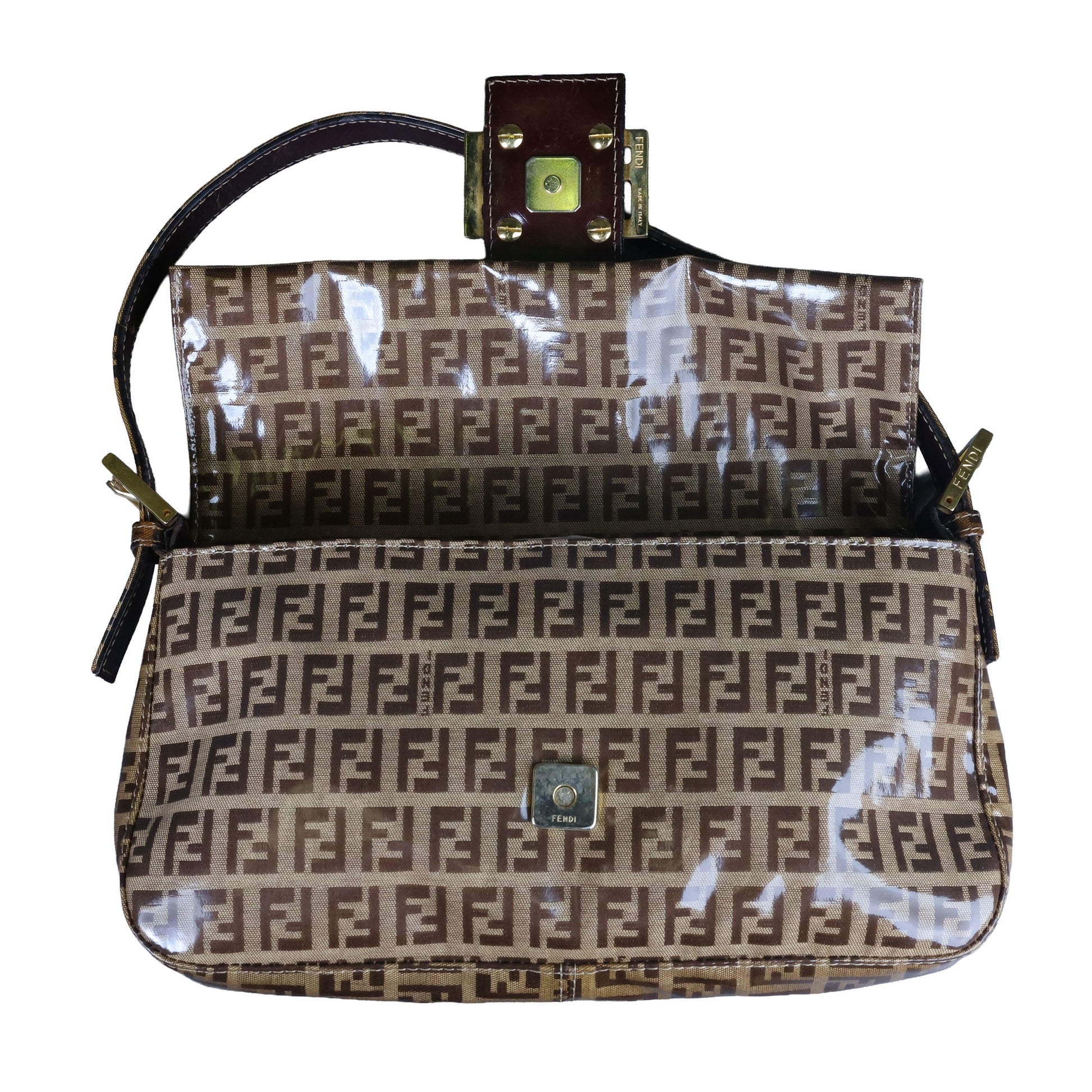 Preowned FENDI Classic Baguette Zucchino Coated Canvas x Leather Brown Bag  | Luxe Again Maison