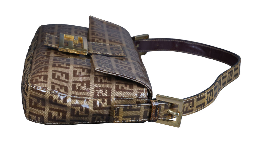 Preowned FENDI Classic Baguette Zucchino Coated Canvas x Leather Brown Bag  | Luxe Again Maison