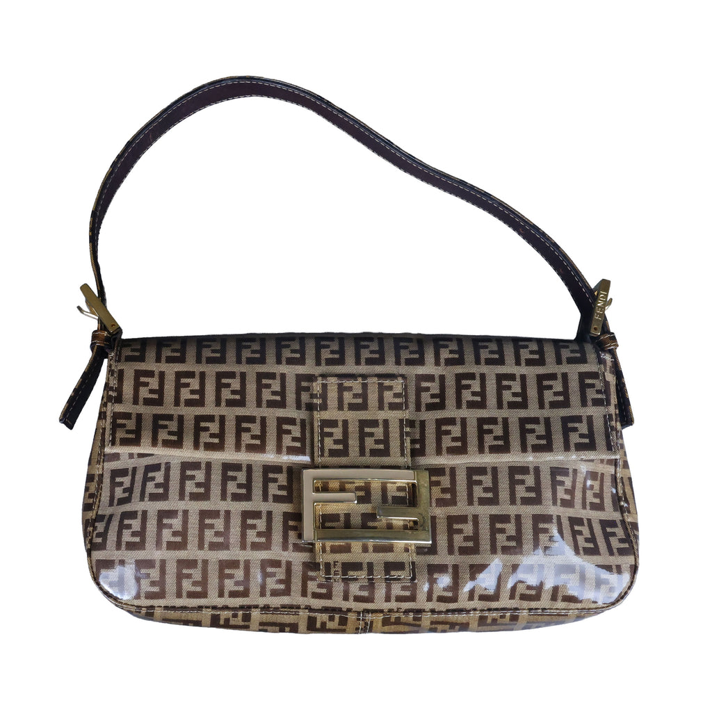 Preowned FENDI Classic Baguette Zucchino Coated Canvas x Leather Brown Bag  | Luxe Again Maison