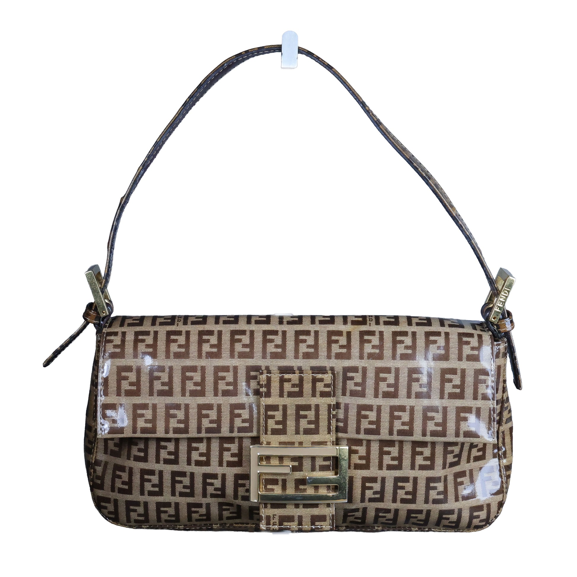 Preowned FENDI Classic Baguette Zucchino Coated Canvas x Leather Brown Bag  | Luxe Again Maison