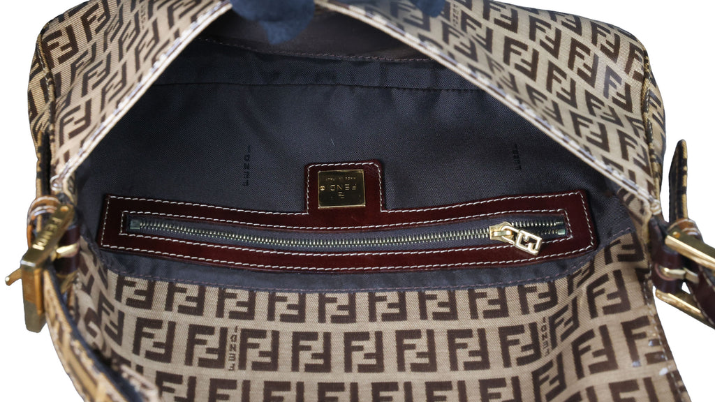 Preowned FENDI Classic Baguette Zucchino Coated Canvas x Leather Brown Bag  | Luxe Again Maison