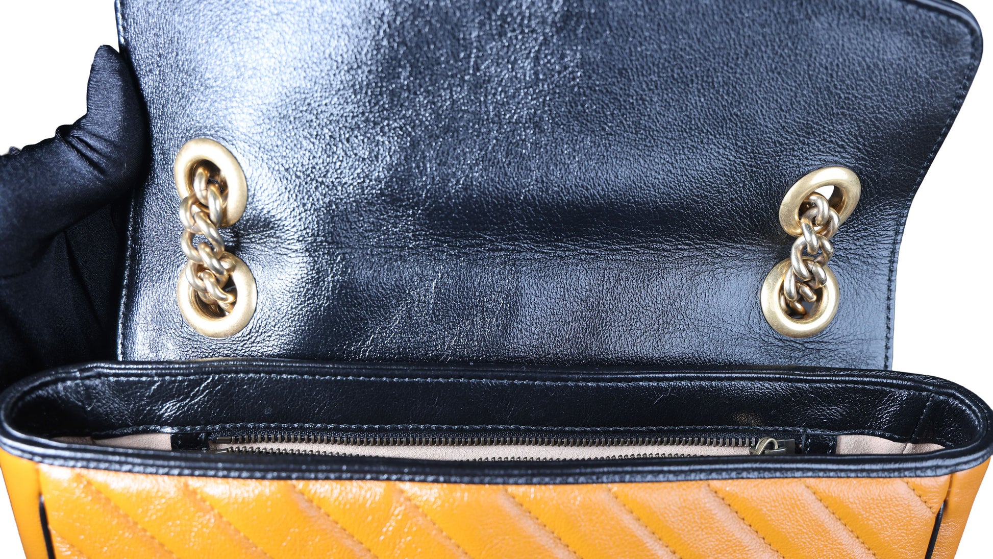 Preowned GUCCI GG Marmont Medium Leather Shoulder Bag Black x Orange | Luxe Again Maison