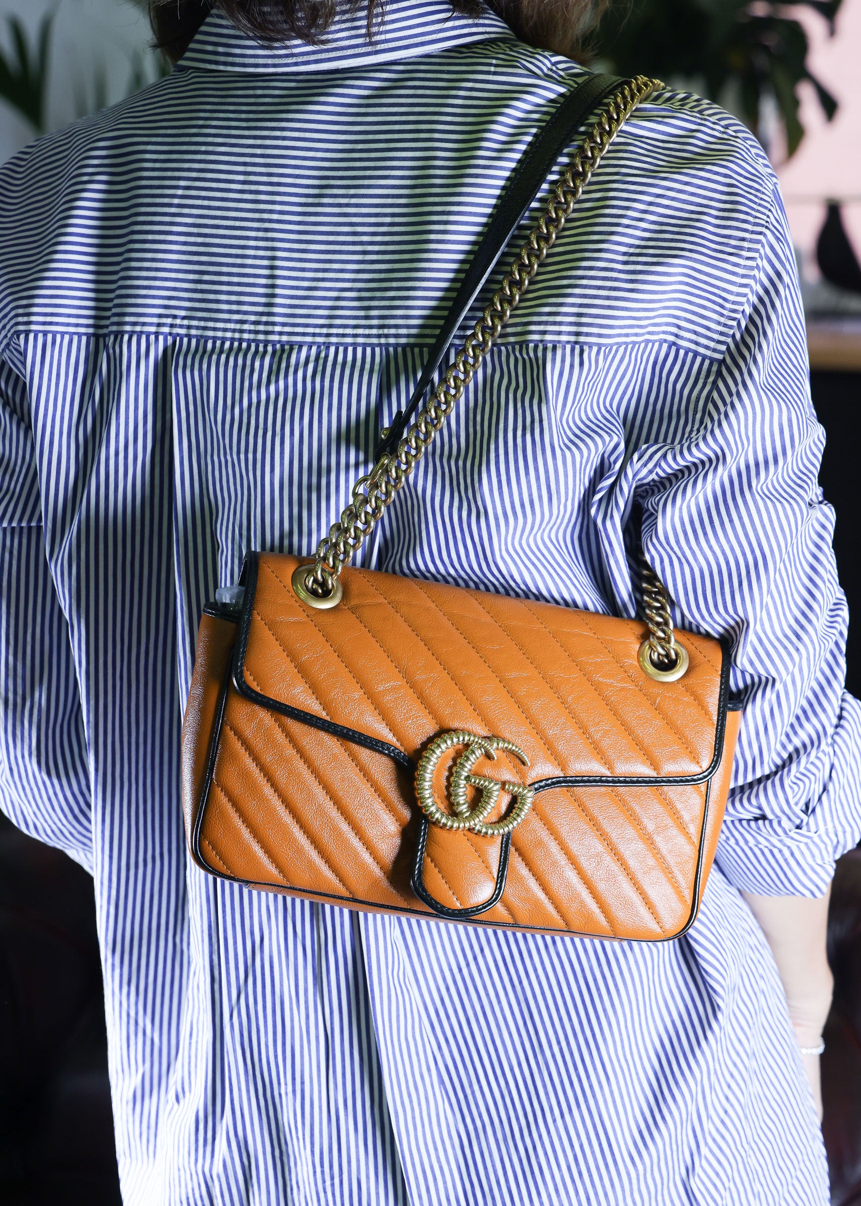Preowned GUCCI GG Marmont Medium Leather Shoulder Bag Black x Orange | Luxe Again Maison
