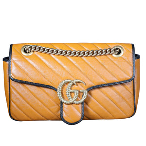 Preowned GUCCI GG Marmont Medium Leather Shoulder Bag Black x Orange | Luxe Again Maison