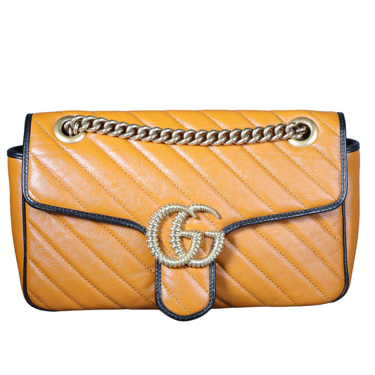 Preowned GUCCI GG Marmont Medium Leather Shoulder Bag Black x Orange | Luxe Again Maison