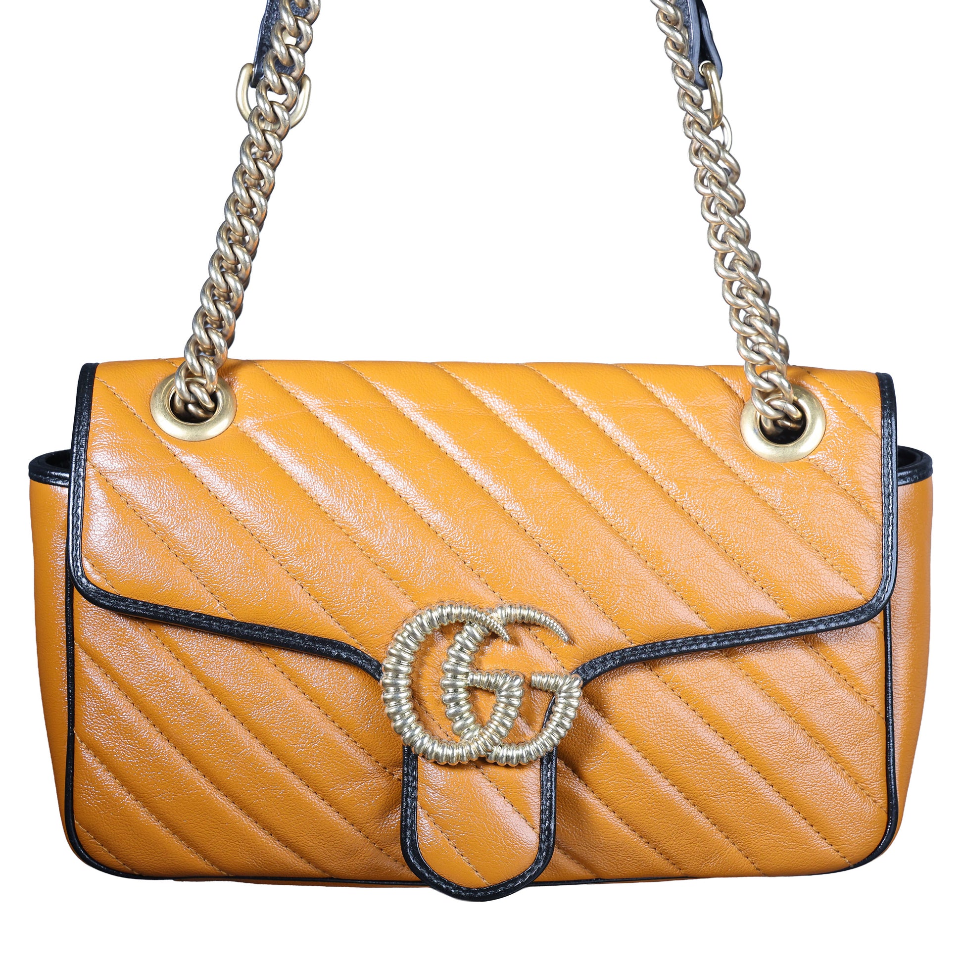 Preowned GUCCI GG Marmont Medium Leather Shoulder Bag Black x Orange | Luxe Again Maison