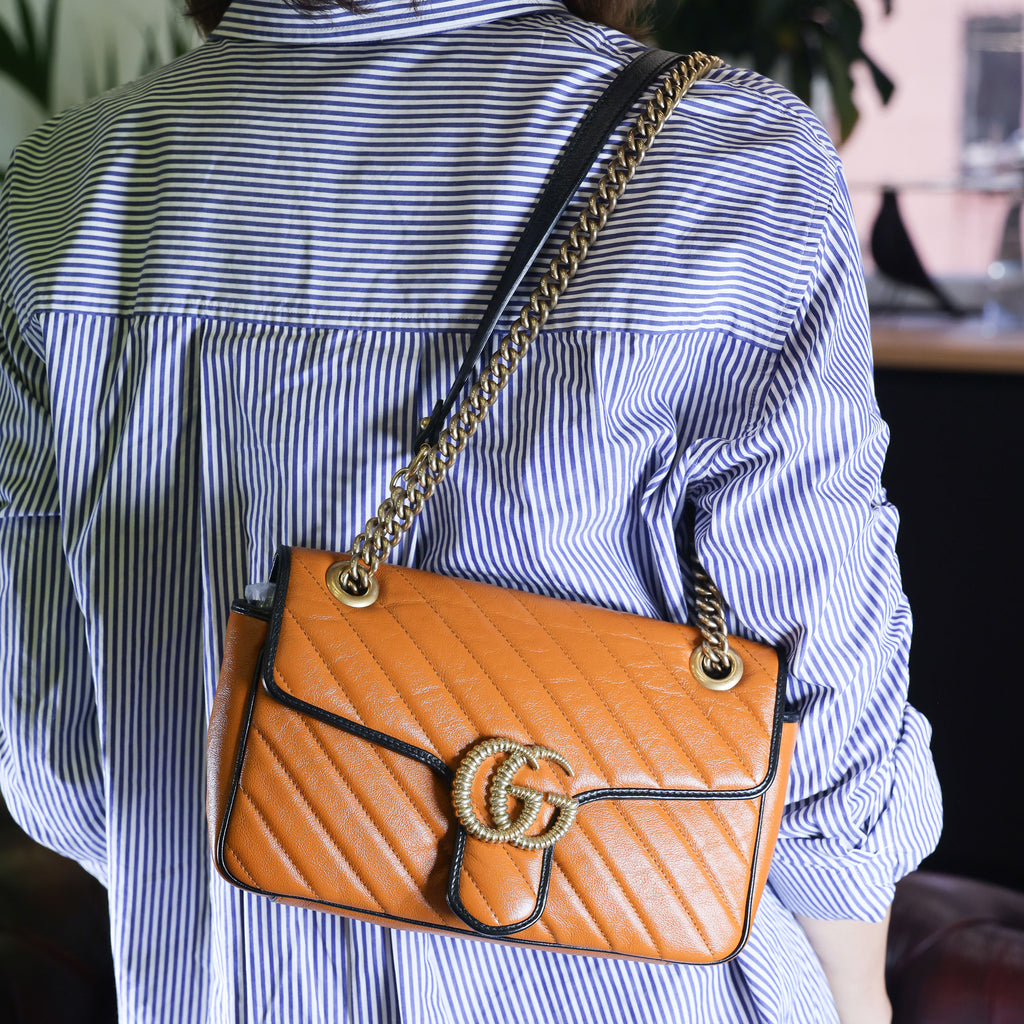 Preowned GUCCI GG Marmont Medium Leather Shoulder Bag Black x Orange | Luxe Again Maison