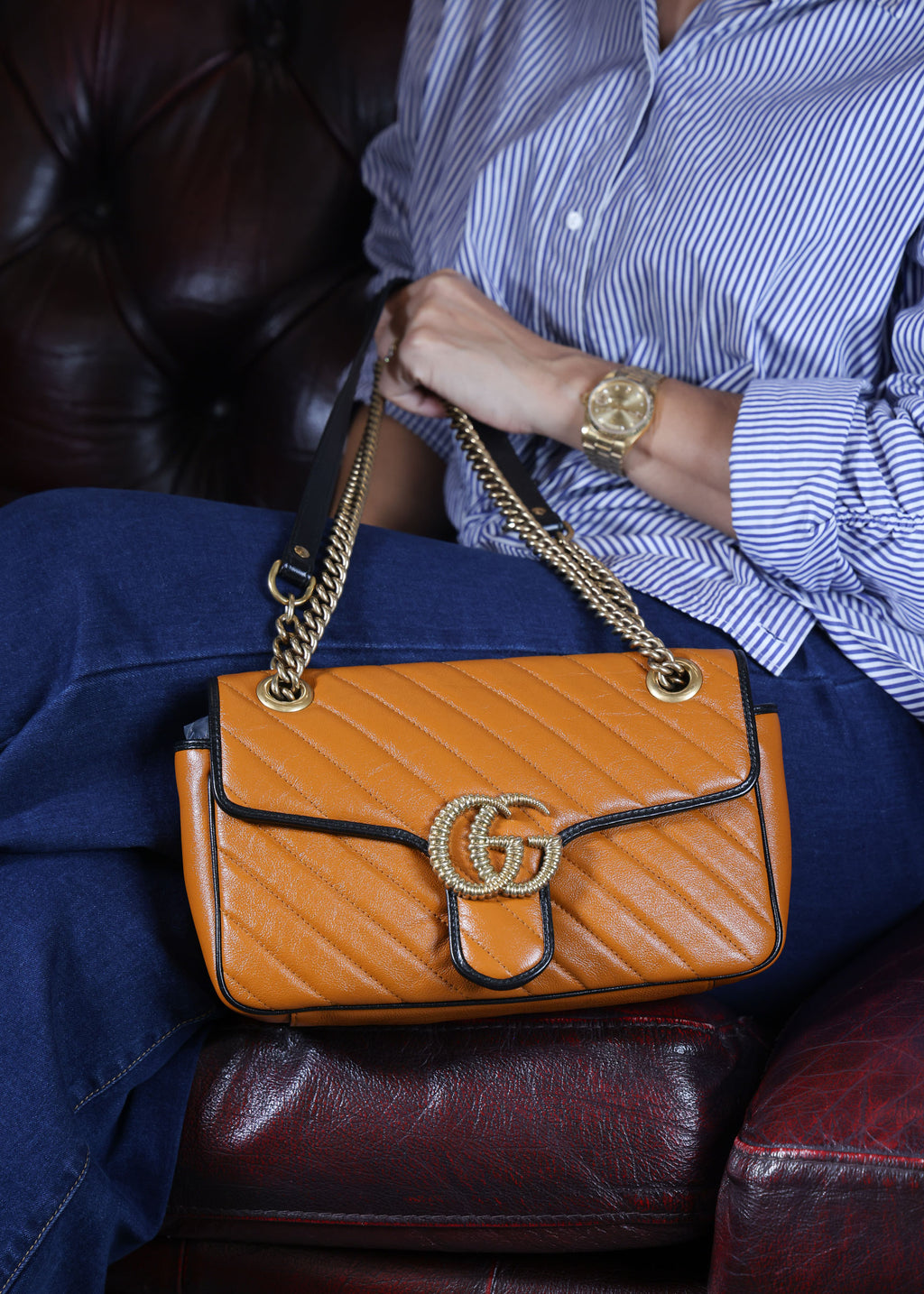 Preowned GUCCI GG Marmont Medium Leather Shoulder Bag Black x Orange | Luxe Again Maison