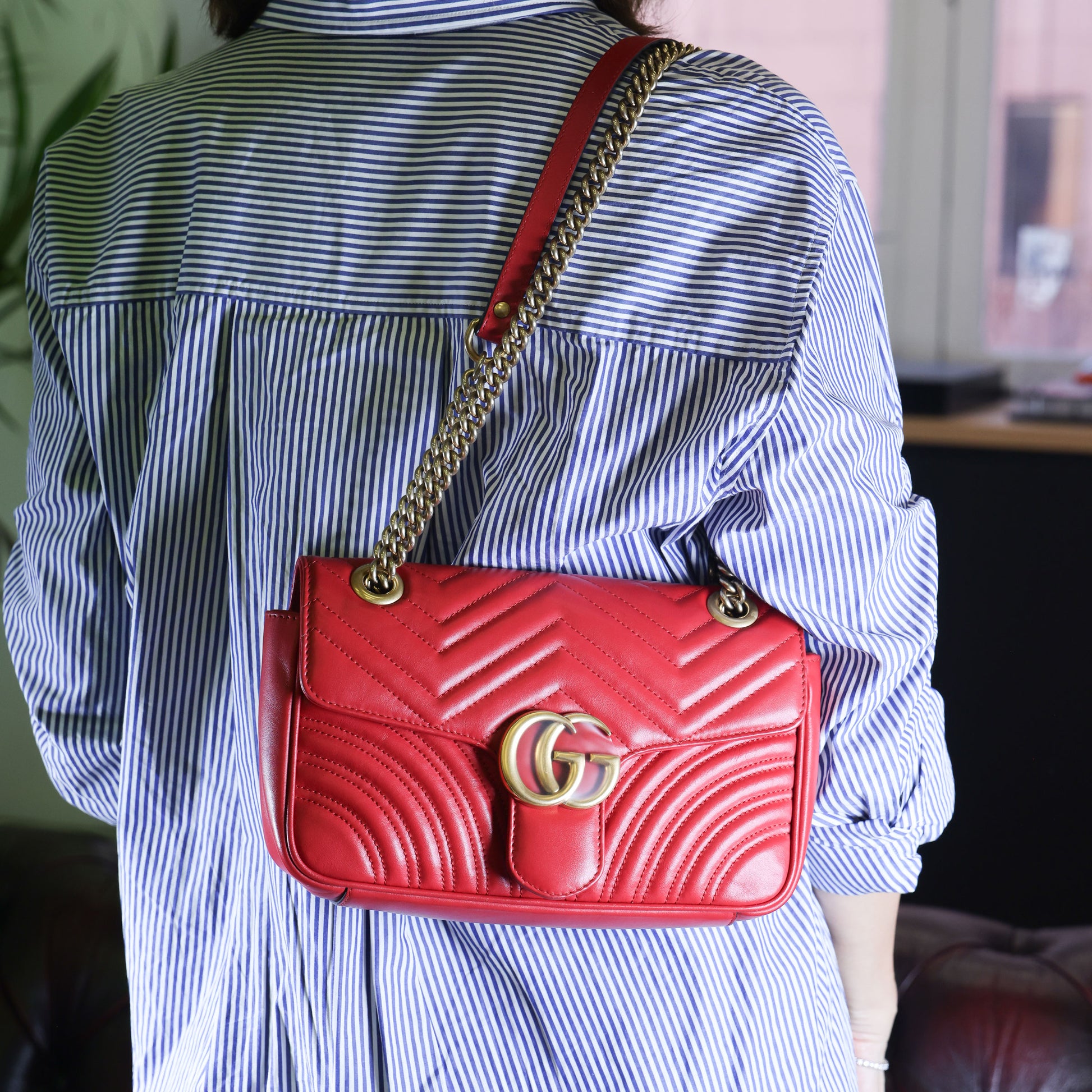 Preowned GUCCI GG Marmont Medium Leather Shoulder Bag Red | Luxe Again Maison