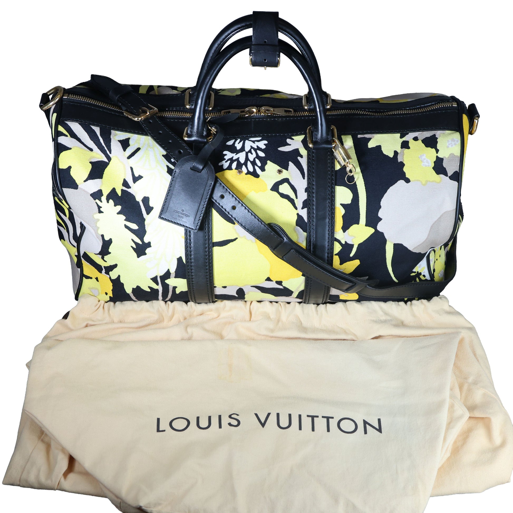 Preowned LOUIS VUITTON Floral Canwan Keepall Bandouliere 50 Canvas x Leather Black & Yellow | Luxe Again Maison