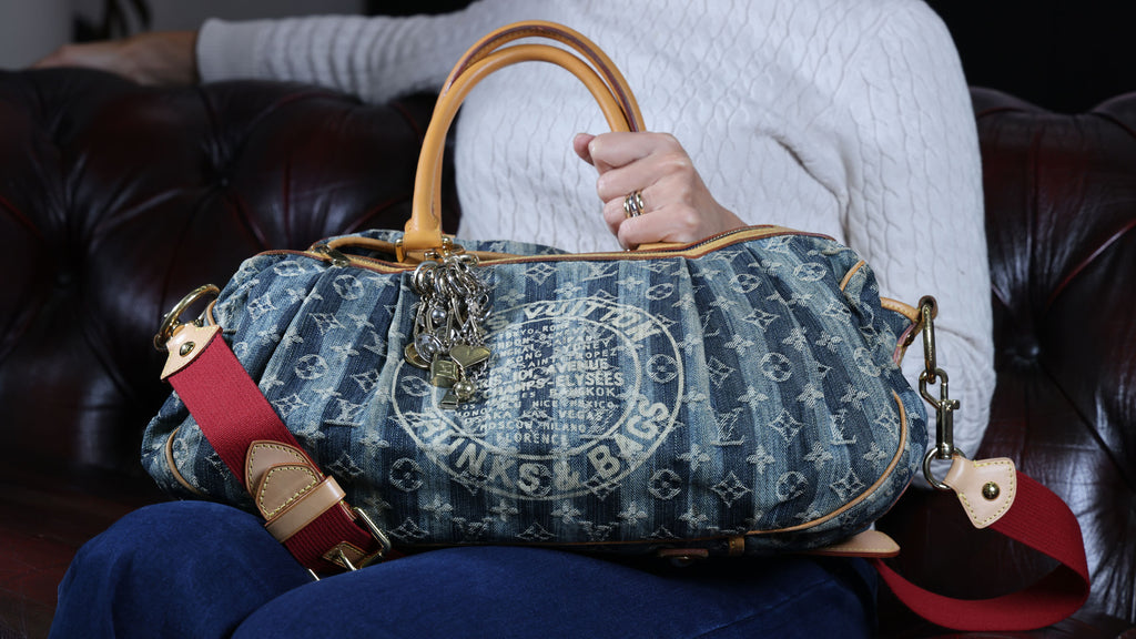 Preowned LOUIS VUITTON Vintage Denim Cabas Raye GM Monogram Blue w Charms | Luxe Again Maison