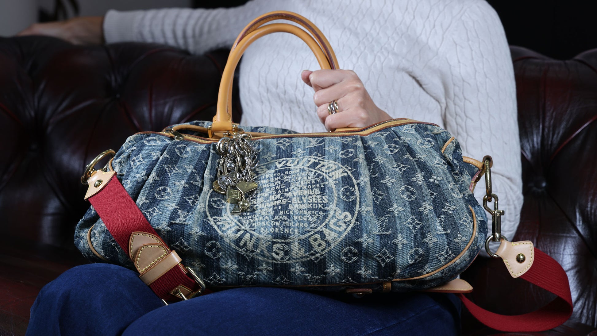 Preowned LOUIS VUITTON Vintage Denim Cabas Raye GM Monogram Blue w Charms | Luxe Again Maison