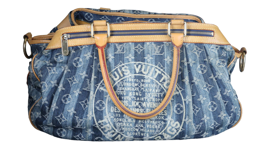 Preowned LOUIS VUITTON Vintage Denim Cabas Raye GM Monogram Blue w Charms | Luxe Again Maison