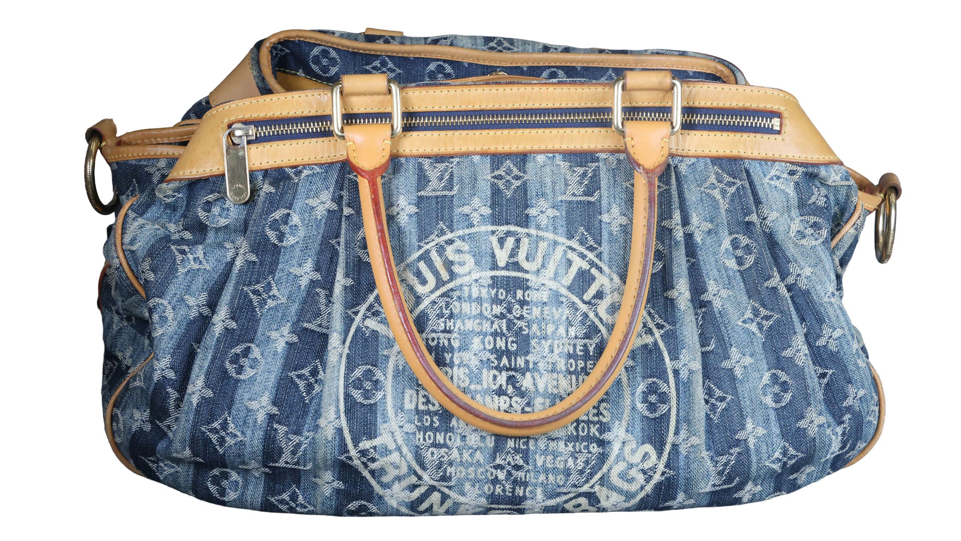Preowned LOUIS VUITTON Vintage Denim Cabas Raye GM Monogram Blue w Charms | Luxe Again Maison