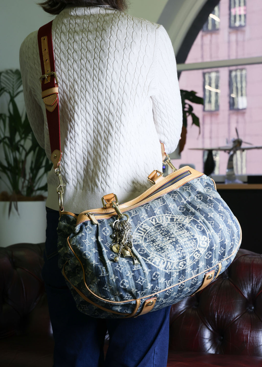 Preowned LOUIS VUITTON Vintage Denim Cabas Raye GM Monogram Blue w Charms | Luxe Again Maison