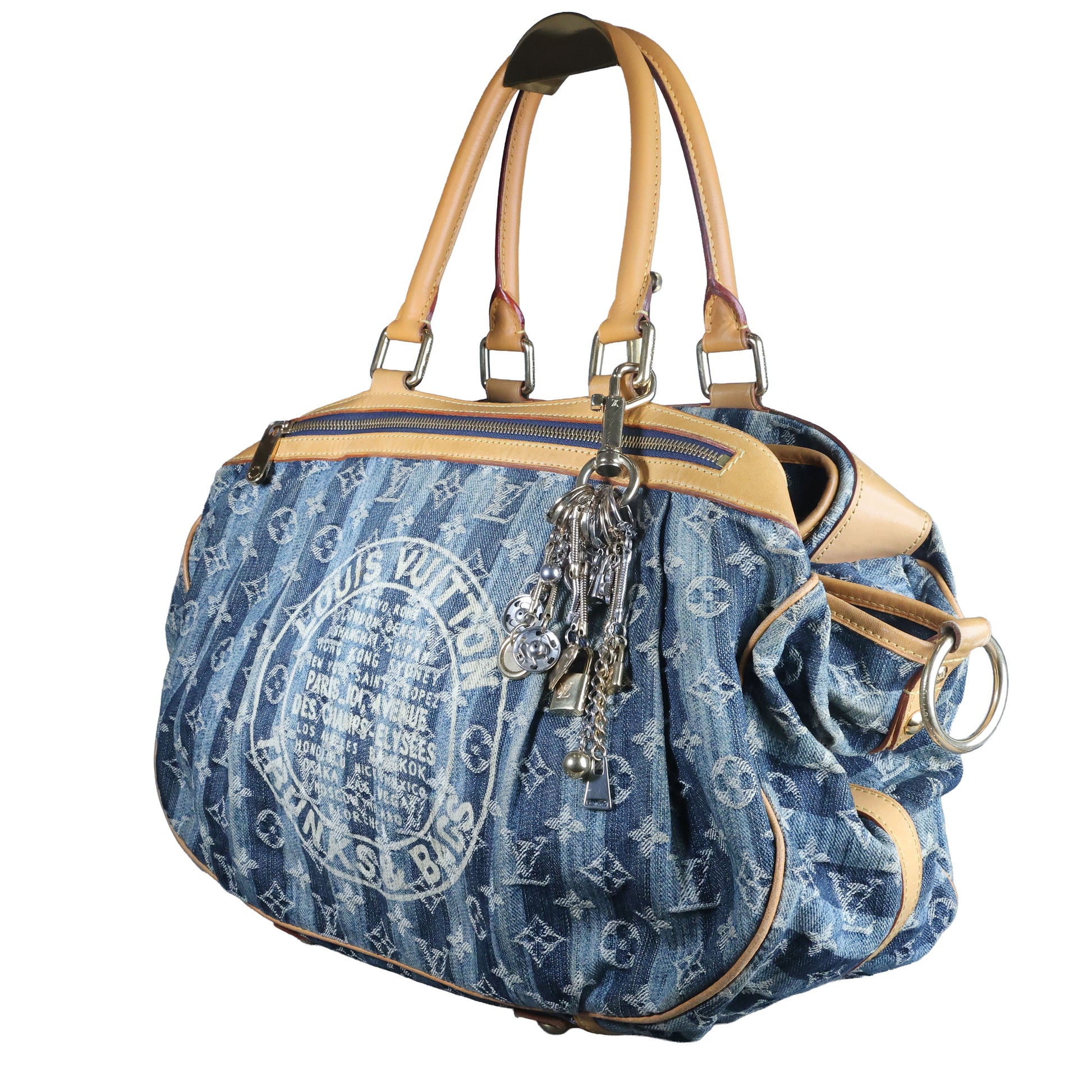 Preowned LOUIS VUITTON Vintage Denim Cabas Raye GM Monogram Blue w Charms | Luxe Again Maison