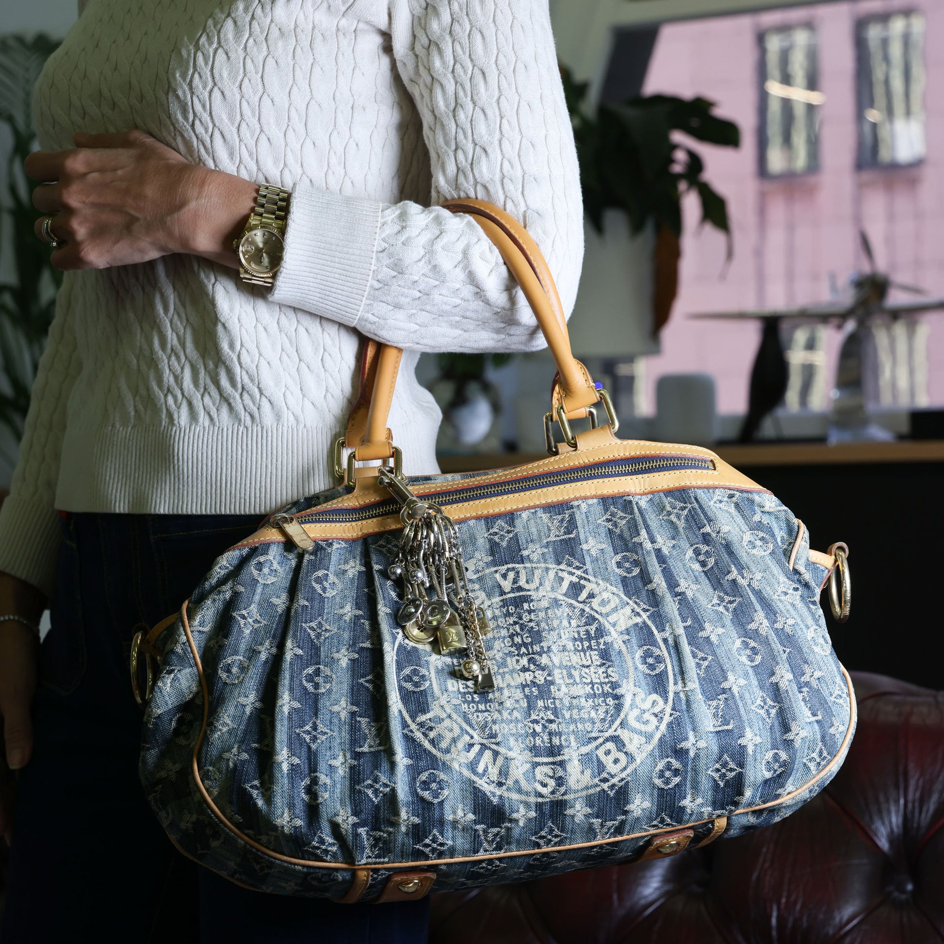 Preowned LOUIS VUITTON Vintage Denim Cabas Raye GM Monogram Blue w Charms | Luxe Again Maison