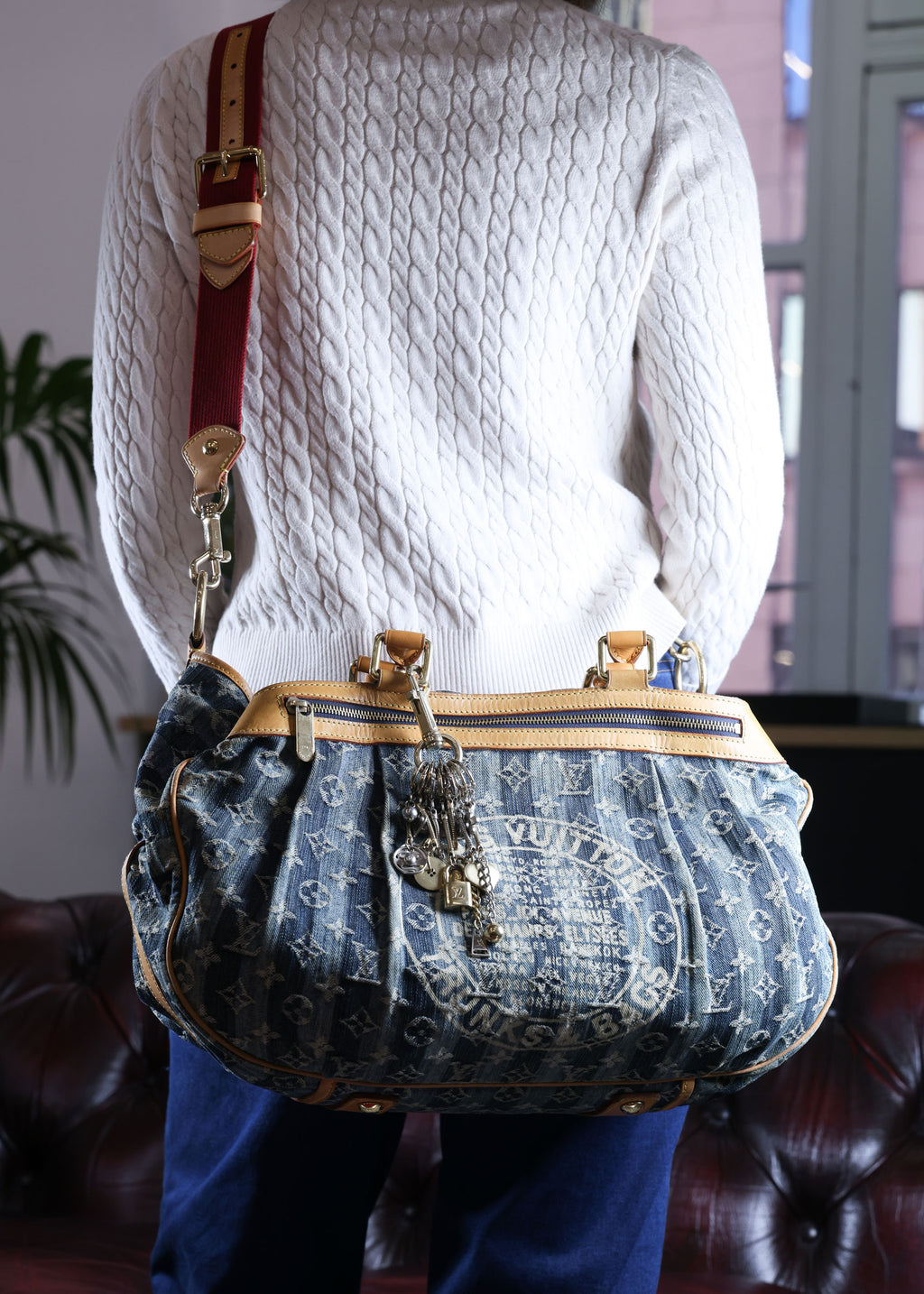 Preowned LOUIS VUITTON Vintage Denim Cabas Raye GM Monogram Blue w Charms | Luxe Again Maison
