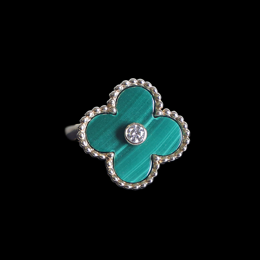 Preowned VAN CLEEF & ARPELS Vintage Alhambra 18K Yellow Gold Diamond Malachite Ring 5.8g | Luxe Again Maison